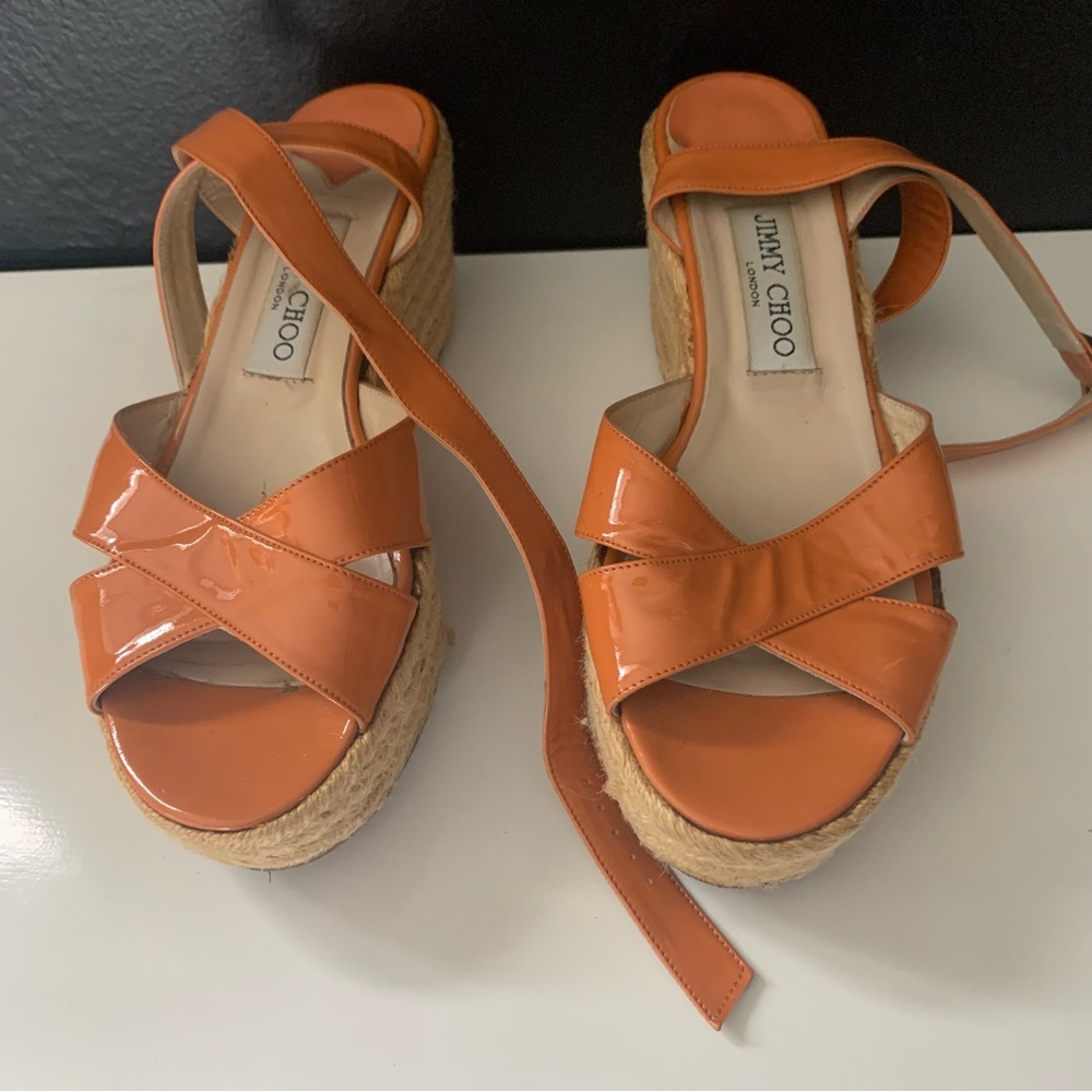 Jimmy Choo Orange Patent Leather Espadrille Wedge Sandals with Ankle Wrap sz 38